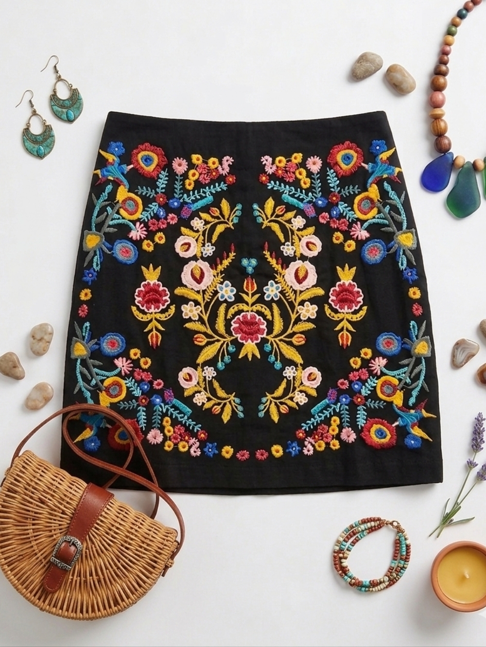 Umgee Black Folk Art Embroidered Mini Skirt